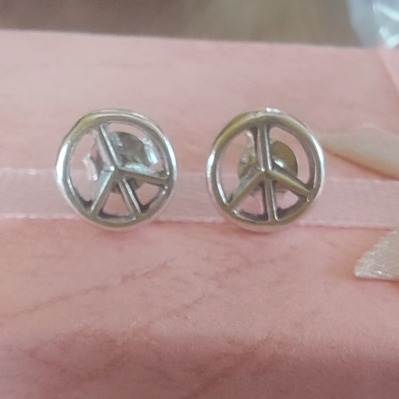 Solid Sterling Silver Peace Sign Stud Earrings - Picture 3 of 5